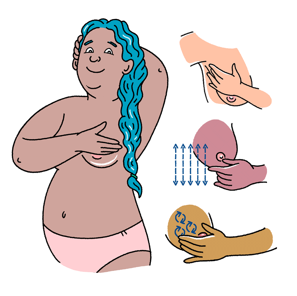 A woman demonstrating the different ways to do a self breast exam. 