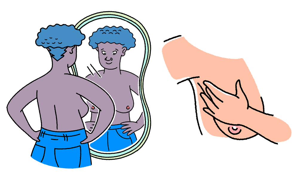 A woman giving herself a self breast exam in the mirror