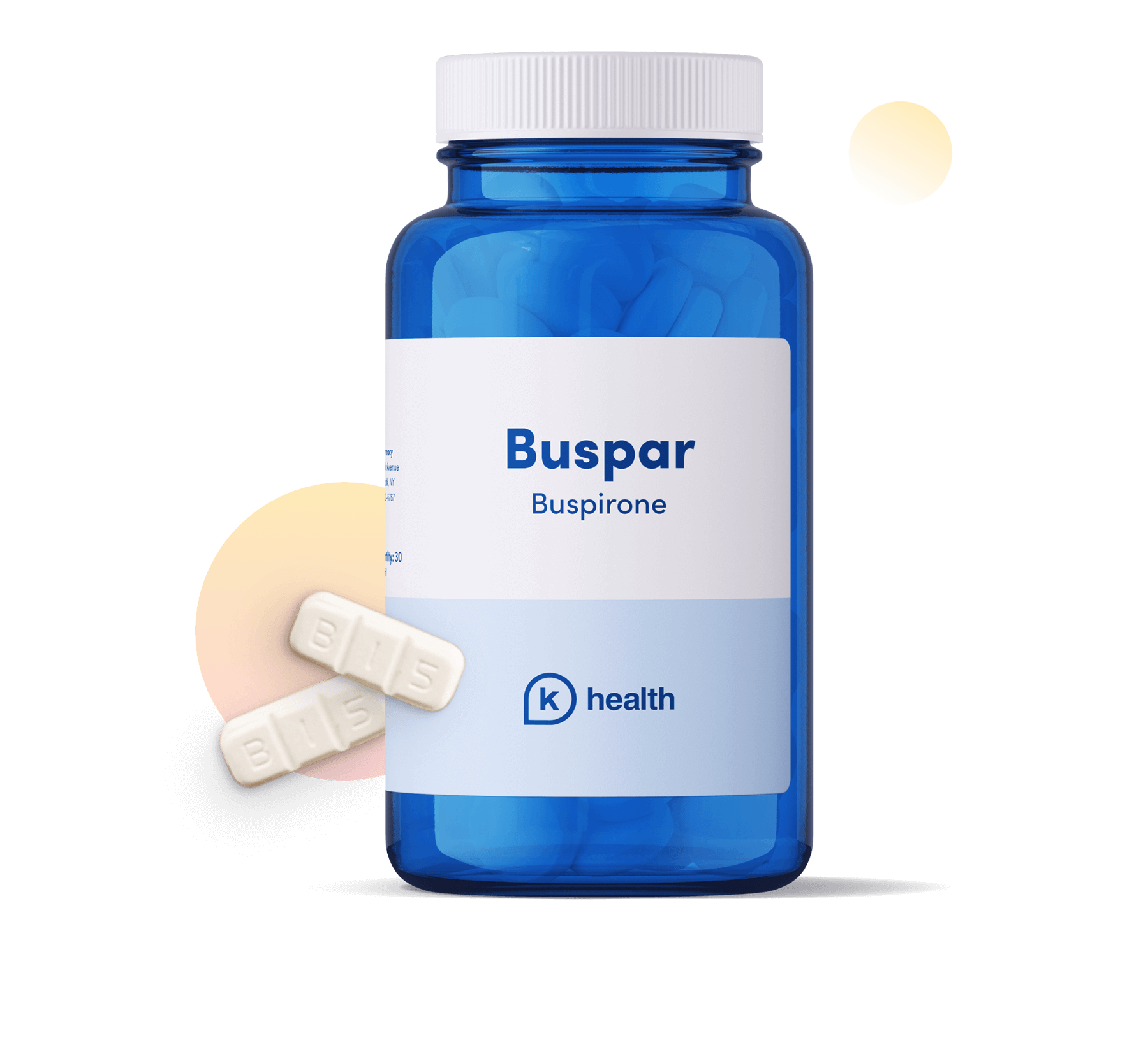 Bottle of Buspar with two pills beside it